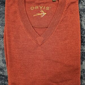 New Orvis Men's Red V-Neck Sweater, Business Casual, 100% Merino, XL